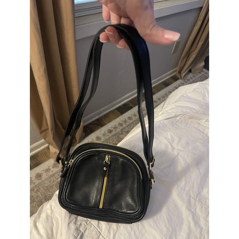 Valentina Black Pebbled Leather Small Crossbody hand Bag Zip Pockets Gold detail